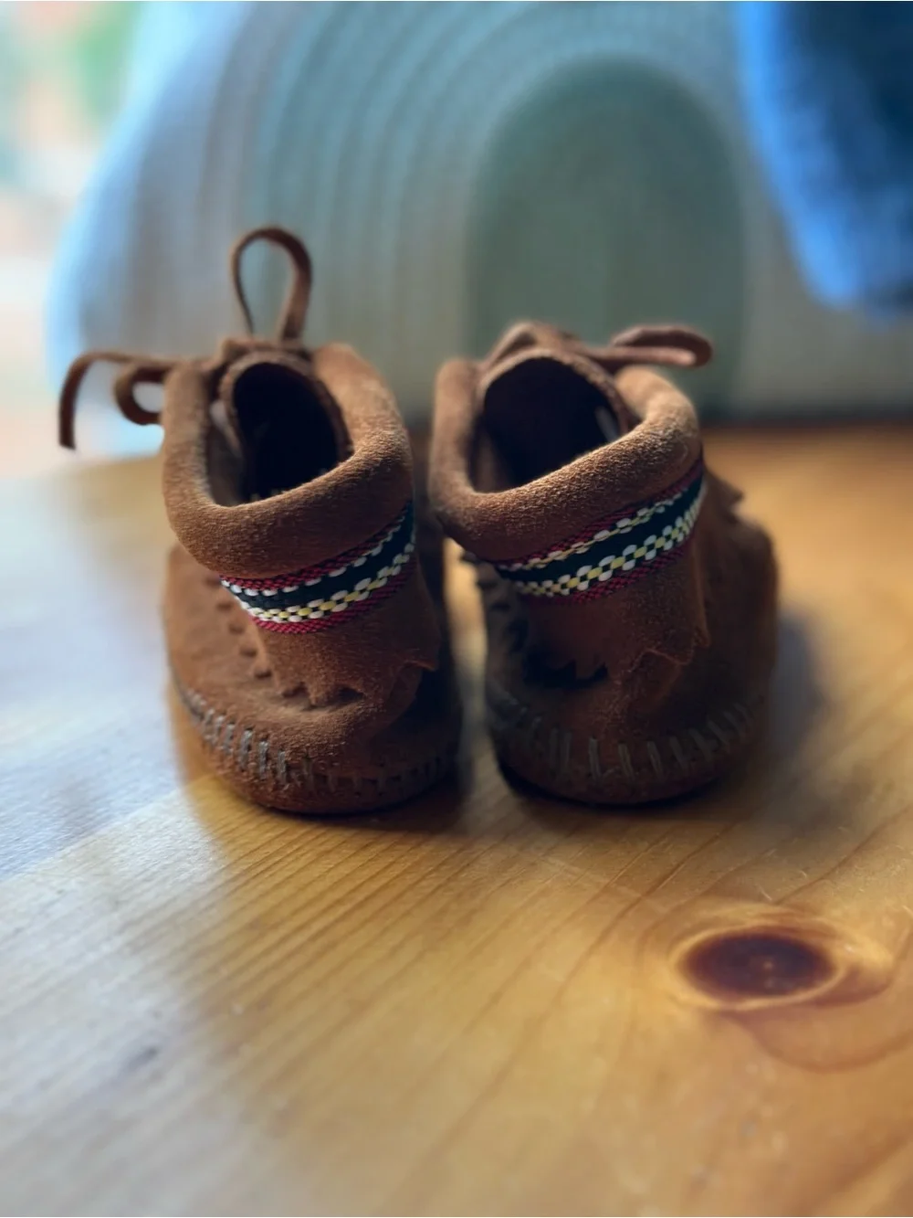 Minnetonka Brown Suede Kids Moccasins with Colorful Trim